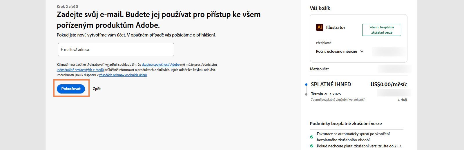 Stránka plateb zobrazuje textové pole pro zadání vaší e-mailové adresy a podrobností o vašem plánu a možnosti pokračovat nebo se vrátit na předchozí stránku. 