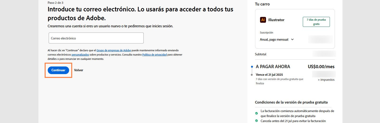 La página de pagos muestra un cuadro de texto para introducir su correo electrónico y los detalles de su plan, y opciones para continuar o volver a la página anterior. 
