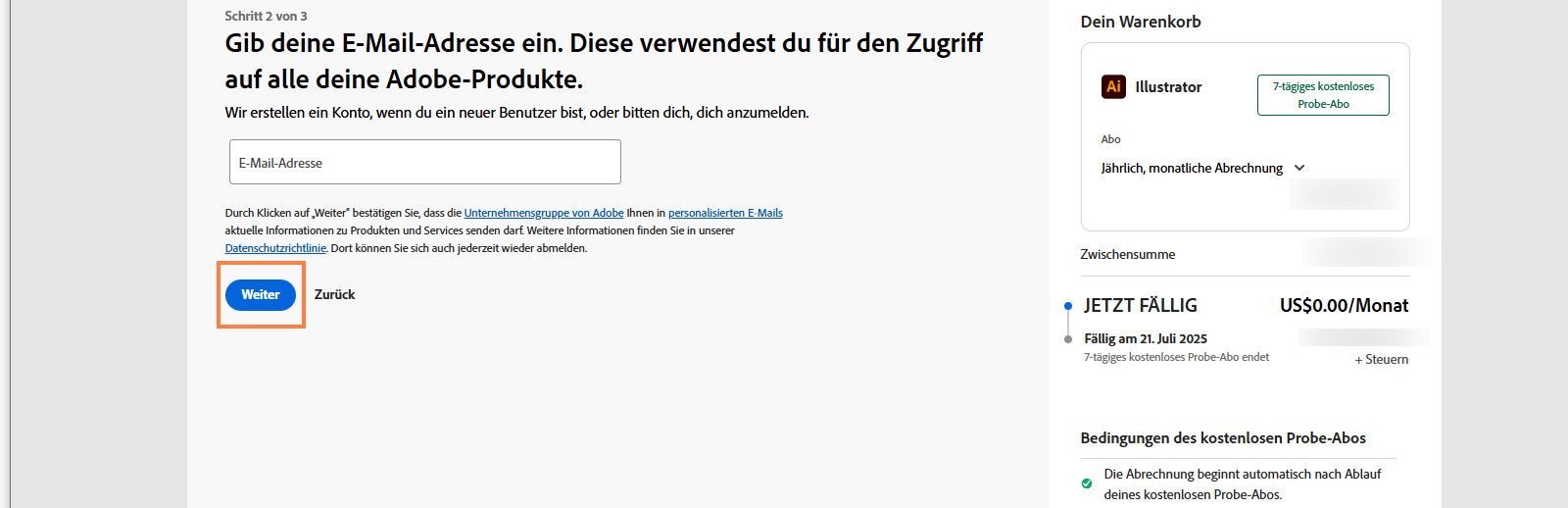 Auf der Zahlungsseite sind ein Textfeld zur Eingabe der E-Mail-Adresse und deine Abo-Details zu sehen sowie Optionen zum Fortfahren oder Zurückkehren zur vorherigen Seite. 
