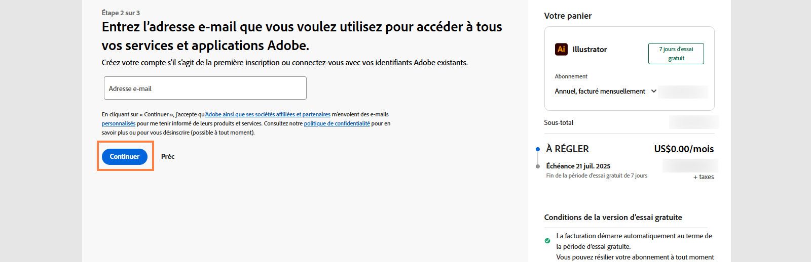 La page des paiements affiche une zone de texte pour saisir votre adresse e-mail et les détails de votre forfait, ainsi que des options pour continuer ou revenir à la page précédente. 