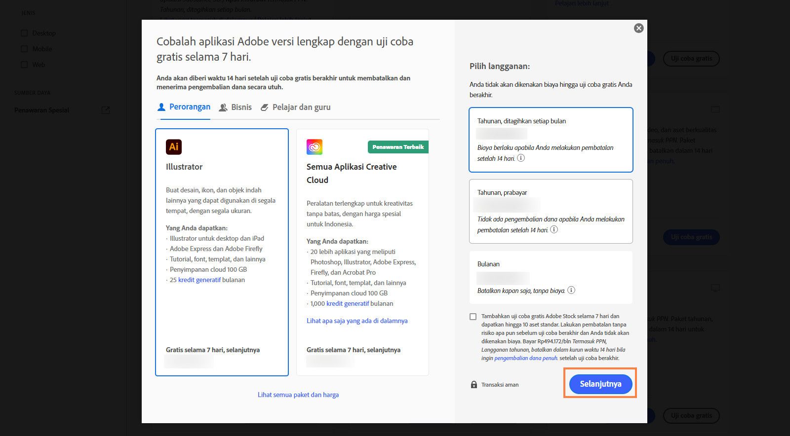 Jendela Pilih paket menampilkan paket yang tersedia, dan opsi untuk melihat semua paket dan harga, memilih langganan, dan menambahkan uji coba gratis 7 hari untuk Adobe Stock.