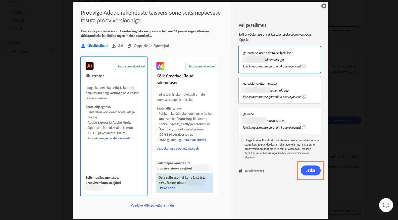Aken „Valige plaan“ kuvab saadaolevad plaanis ning võimalused vaadata kõiki plaane ja hindu, valida tellimust ja lisada Adobe Stocki 7-päevane tasuta prooviversioon.