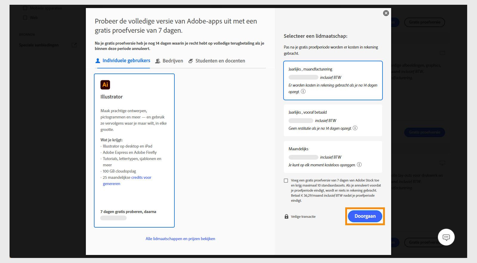 Het venster 'Kies een lidmaatschap' toont de beschikbare lidmaatschappen en opties om alle lidmaatschappen en prijzen te bekijken, een lidmaatschap te selecteren en een gratis proefversie van 7 dagen voor Adobe Stock toe te voegen.