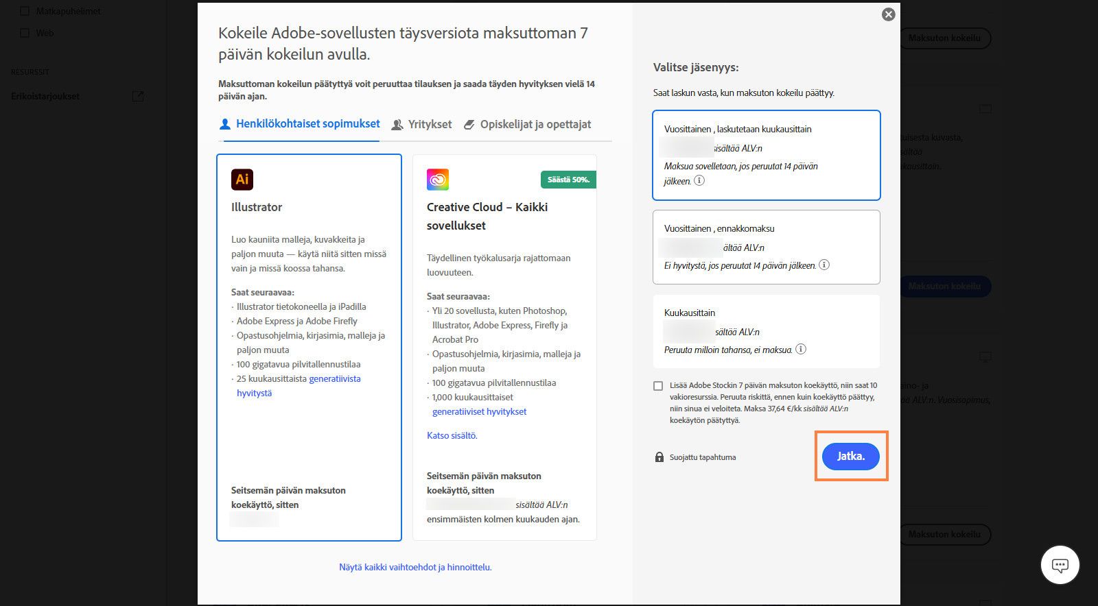 Valitse sopimus -ikkuna näyttää saatavilla olevat sopimukset sekä vaihtoehdot kaikkien sopimusten ja hintojen tarkasteluun, tilauksen valitsemiseen ja maksuttoman 7-päiväisen Adobe Stock -kokeilun lisäämiseen.