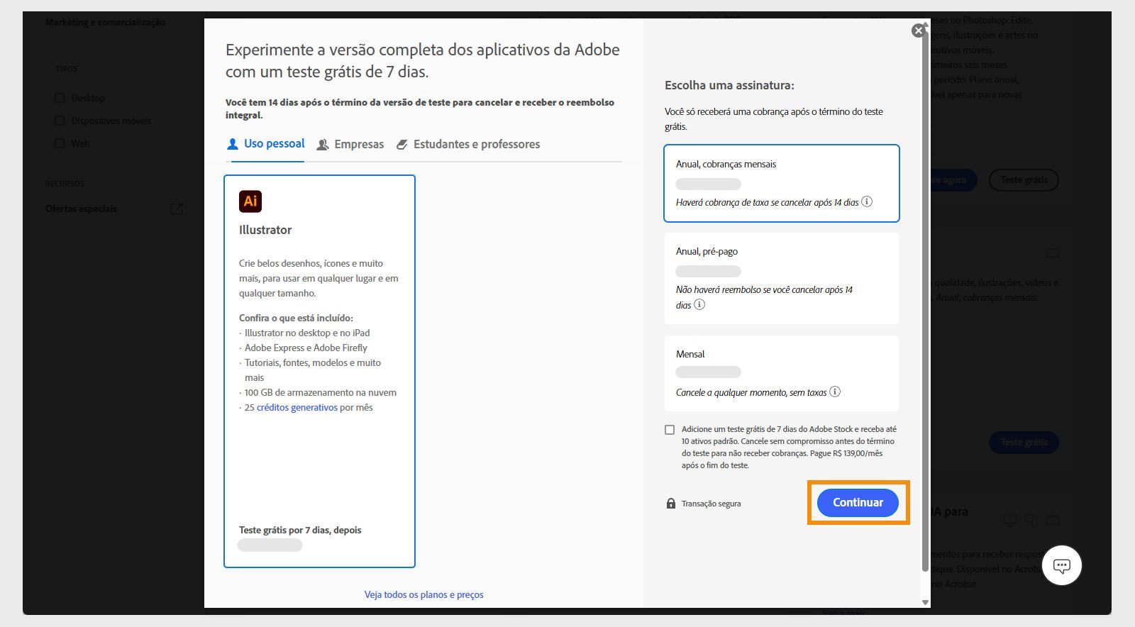 A janela Escolha um plano mostra os planos disponíveis e opções para visualizar todos os planos e preços, selecionar uma assinatura e adicionar uma avaliação gratuita de 7 dias para o Adobe Stock.