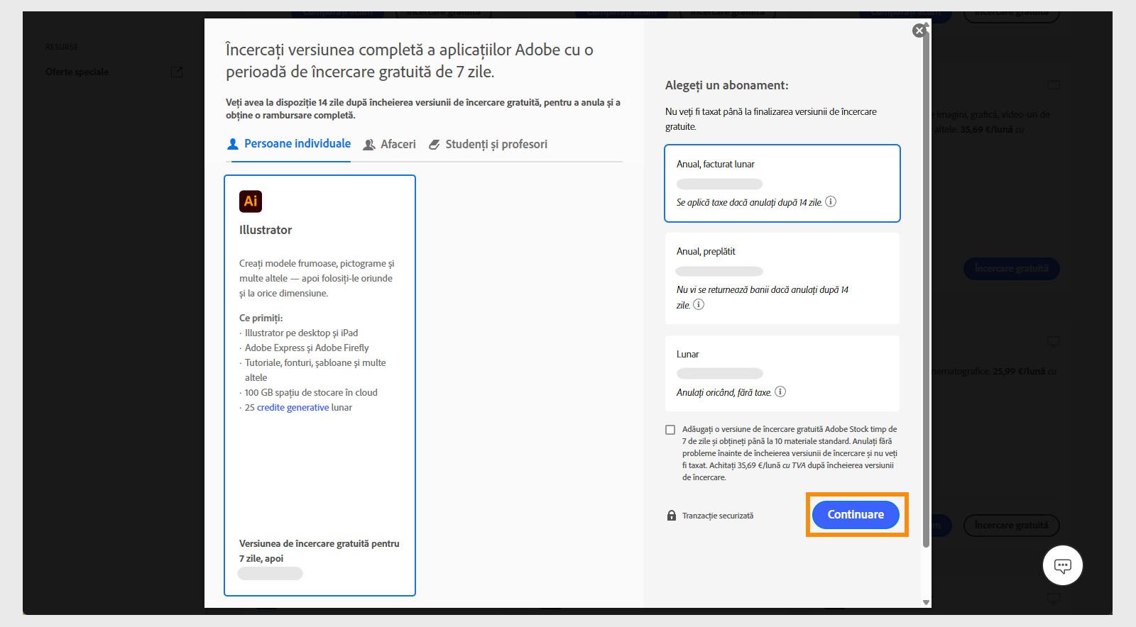 Fereastra Alegeți un plan afișează planurile disponibile și opțiuni pentru a vizualiza toate planurile și prețurile, a selecta un abonament și a adăuga o versiune de încercare gratuită de 7 zile pentru Adobe Stock.