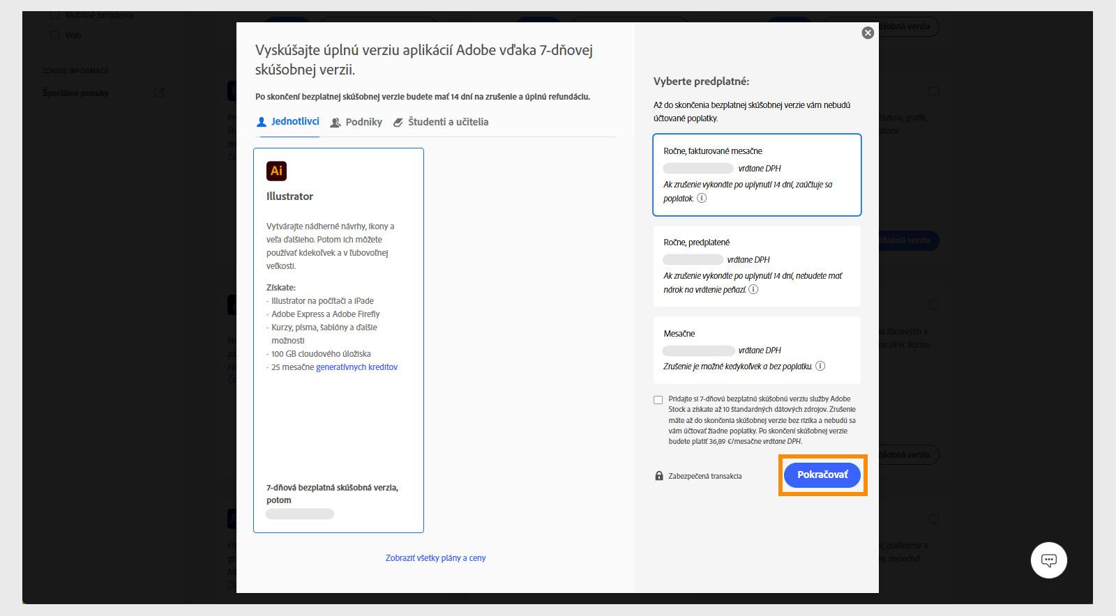 Okno Vybrať plán zobrazuje dostupné plány a možnosti zobraziť všetky plány a ceny, vybrať predplatné a pridať 7-dňovú skúšobnú verziu zadarmo pre Adobe Stock.