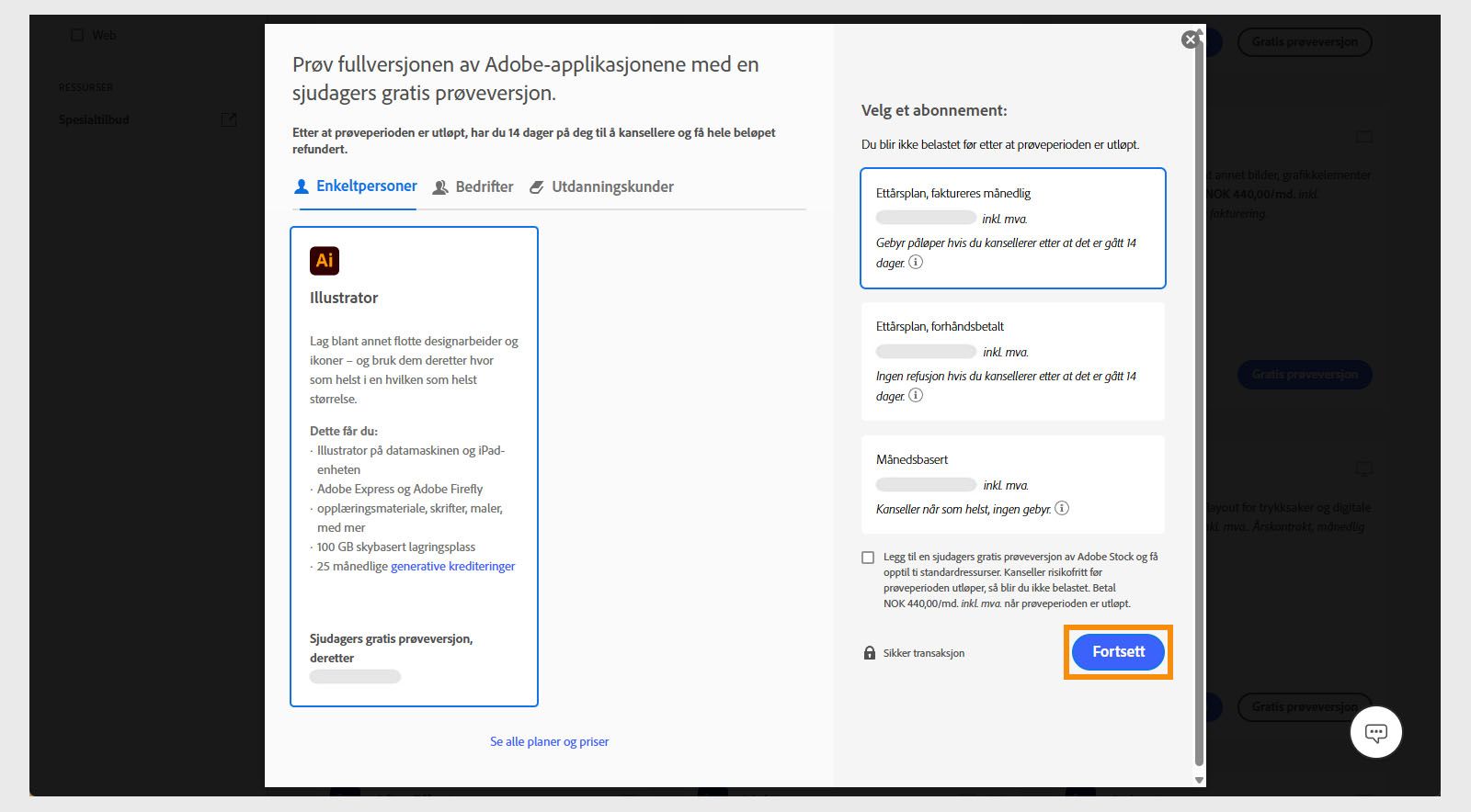 Vinduet «Velg en plan» viser tilgjengelige planer og muligheter for å se alle planer og priser, velge et abonnement og legge til en 7-dagers gratis prøveversjon for Adobe Stock.