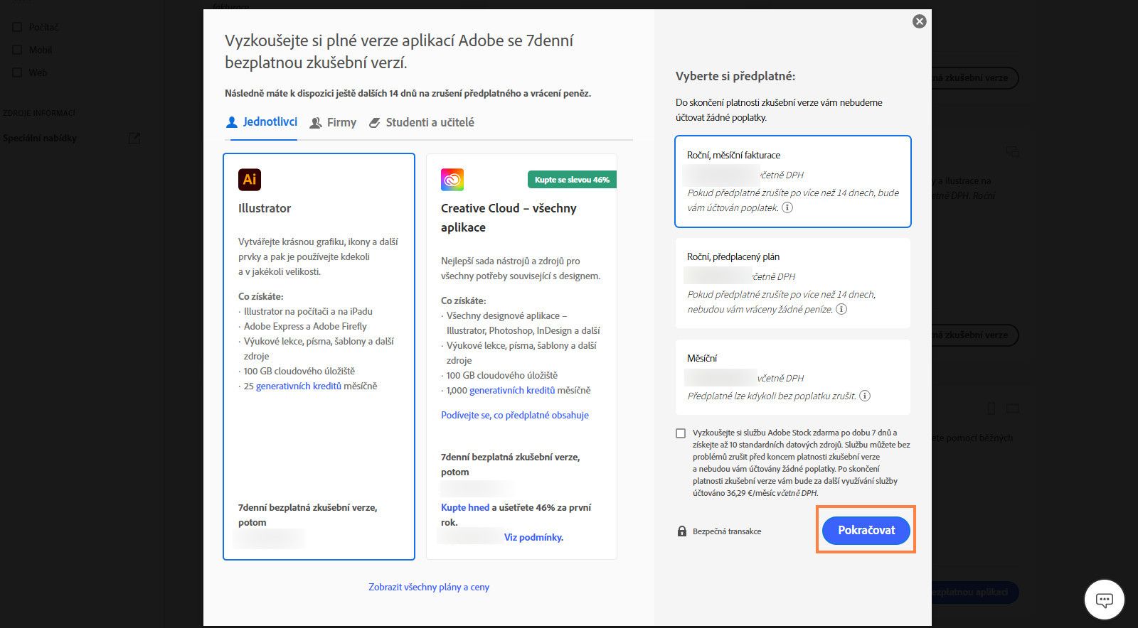 Okno Vybrat plán zobrazuje dostupné plány a možnosti zobrazení všech plánů a cen, výběru předplatného a přidání 7denní bezplatné zkušební verze pro Adobe Stock.