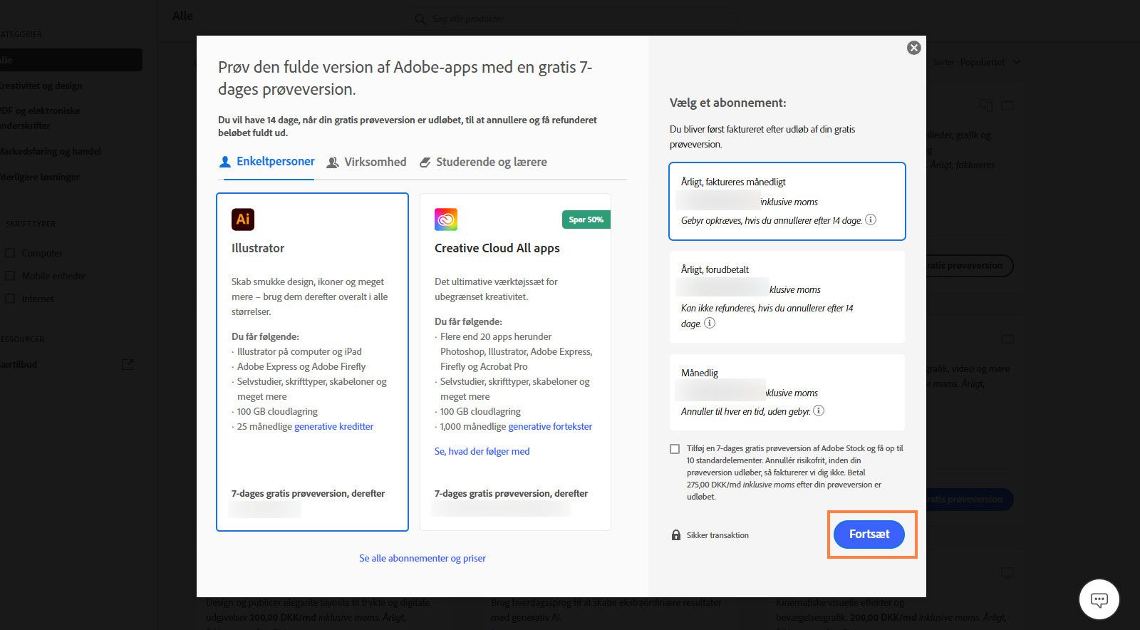 Vinduet Vælg et abonnement viser de tilgængelige abonnementer og muligheder for at se alle abonnementer og priser, vælge et abonnement og tilføje en 7-dages gratis prøveversion af Adobe Stock.