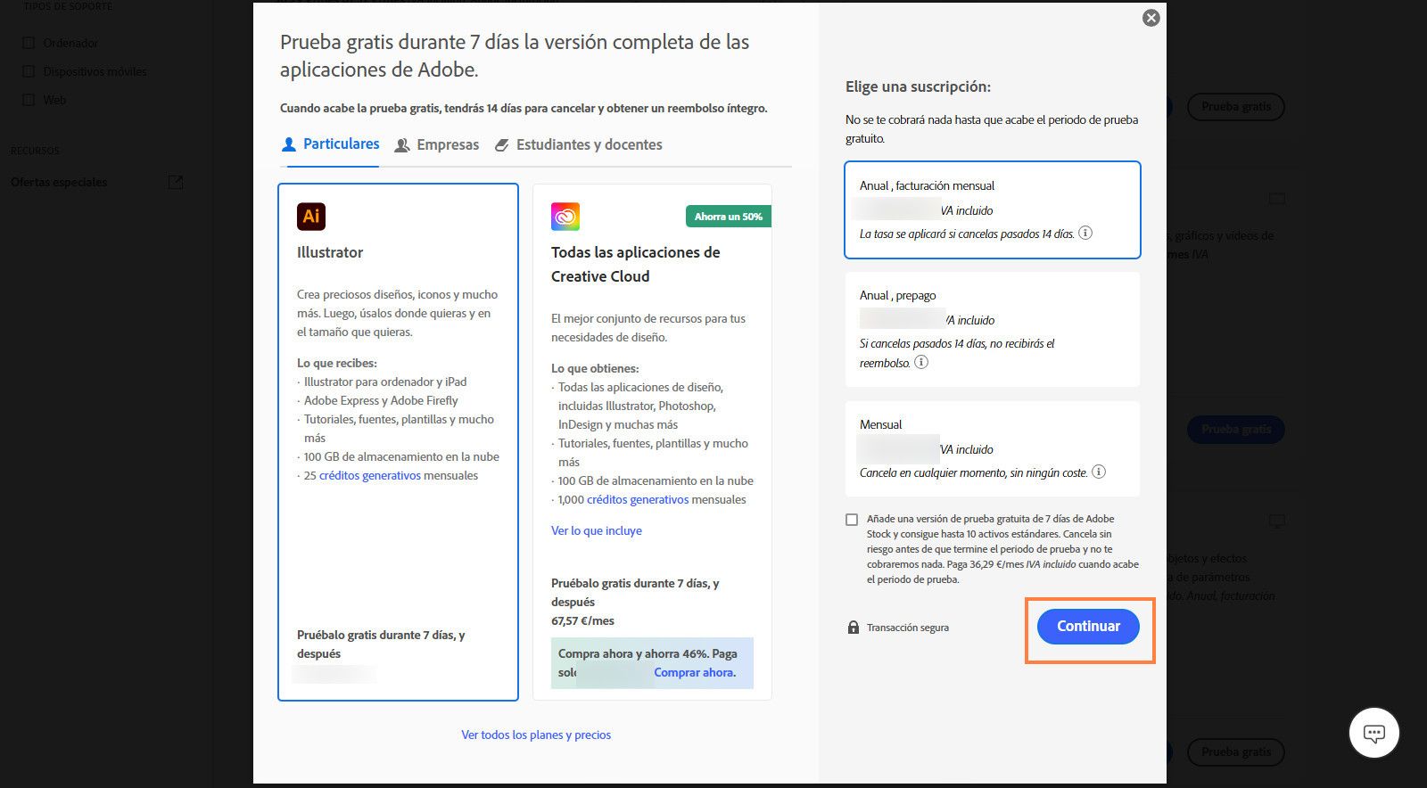 La ventana Elegir un plan muestra los planes disponibles y opciones para ver todos los planes y precios, seleccionar una suscripción y añadir una versión de prueba gratuita de 7 días para Adobe Stock.