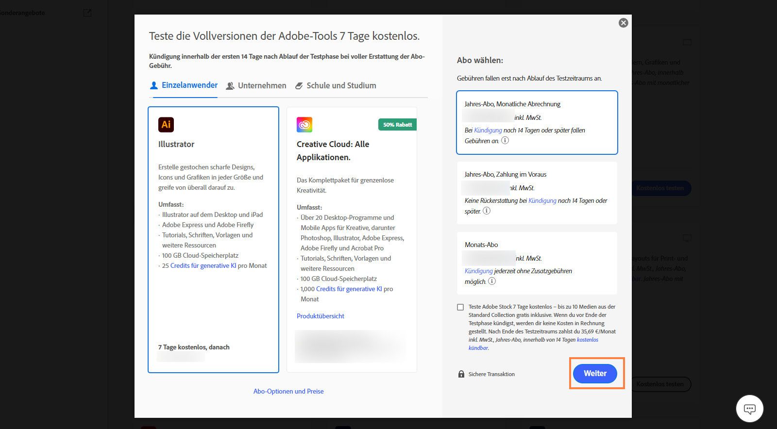 Im Fenster „Abo wählen&quot; werden die verfügbaren Abo-Optionen und Möglichkeiten angezeigt, alle Abo-Optionen und Preise anzusehen, ein Abo auszuwählen und ein 7-tägiges Probe-Abo für Adobe Stock hinzuzufügen.