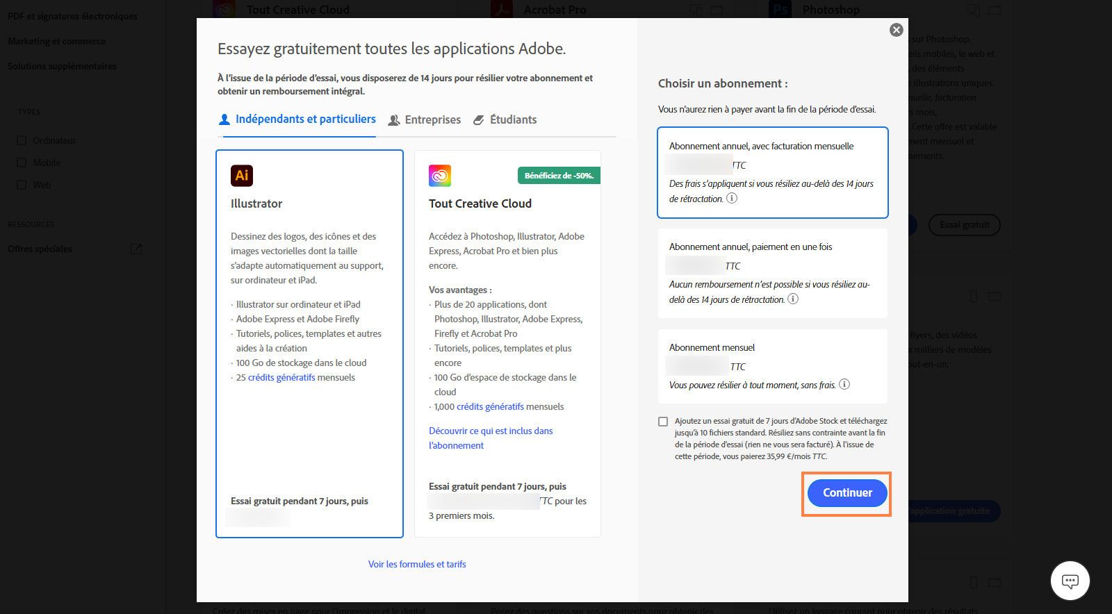 La fenêtre Choisir un forfait affiche les forfaits disponibles et les options permettant d’afficher tous les forfaits et les tarifs, de sélectionner un abonnement et d’ajouter une version d’essai gratuite de 7 jours pour Adobe Stock.