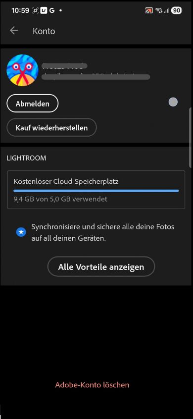 Auf dem Konto-Bildschirm werden die kostenpflichtigen Schaltflächen „Abmelden“ und „Wiederherstellen“ mit Details zu kostenlosem Cloud-Speicherplatz angezeigt.