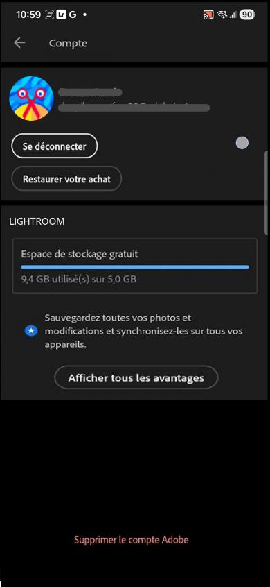 Sur l’écran Compte, les boutons Se déconnecter et Restaurer l’achat sont affichés avec les détails de l’espace de stockage dans le cloud gratuit mentionnés.