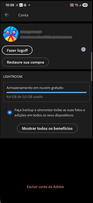 Na tela conta, a compra do botão Sair e Restaurar é exibida com detalhes de armazenamento em nuvem gratuitos.