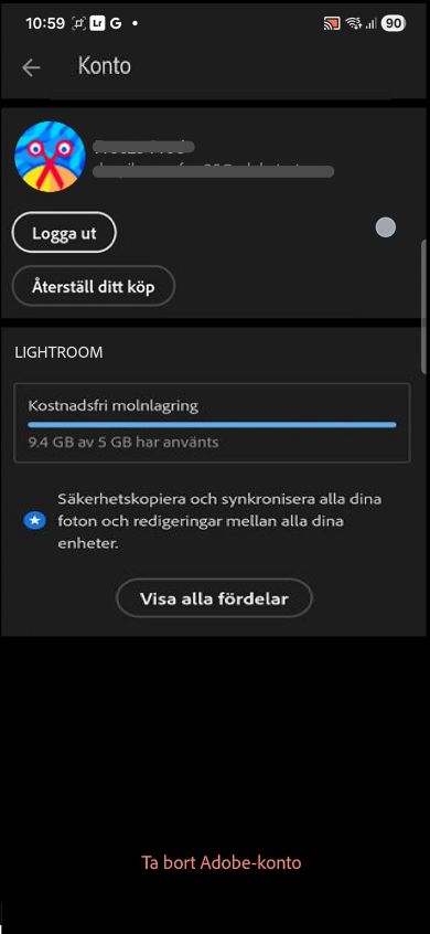 På kontoskärmen visas knapparna Logga ut och Återställ köp tillsammans med information om kostnadsfri molnlagring.