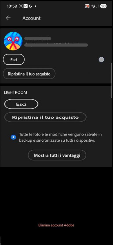 Nella schermata Account vengono visualizzati i pulsanti Esci e Ripristina acquisto con i dettagli dell'archiviazione cloud gratuita.