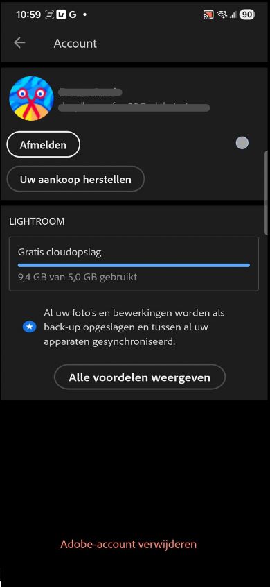 Op het scherm Account wordt de knop Afmelden en herstellen weergegeven met gratis gegevens over cloudopslag.