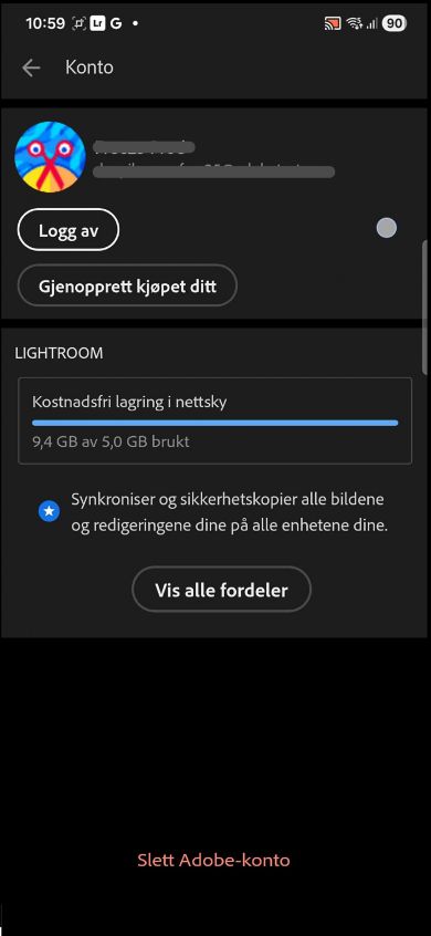 På Konto-skjermbildet, Logg av og Gjenopprett vises kjøpsknappen med informasjon om kostnadsfri skybasert lagring.