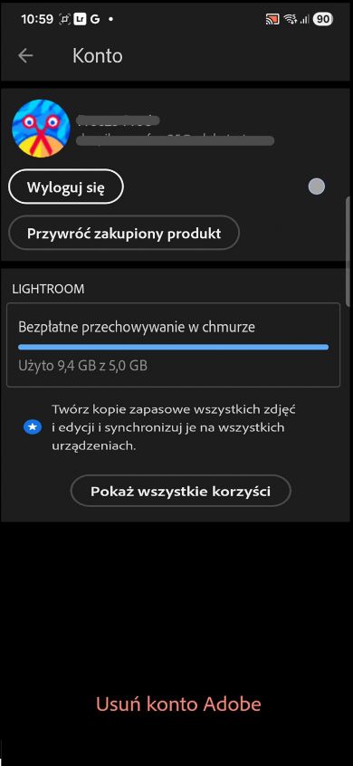 Na ekranie Konto wyświetlane są przyciski Wyloguj się i Przywróć zakup, wraz z informacjami o bezpłatnym przechowywaniu w chmurze.