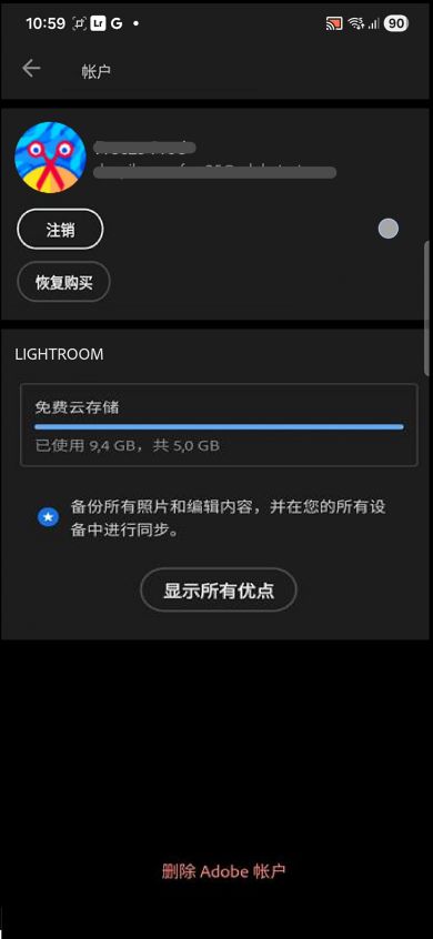 在“帐户”屏幕上，会显示“注销”和“恢复购买”按钮，同时会提及免费云存储的详细信息。