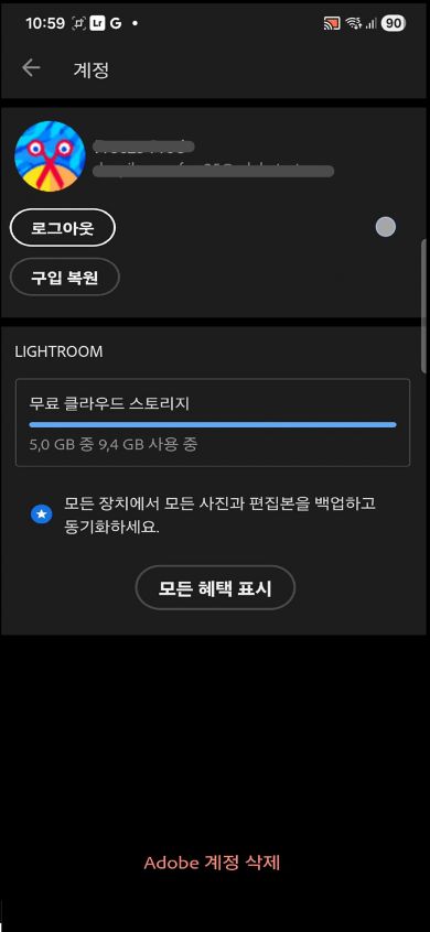 계정 화면에서 로그아웃 및 복원 버튼 구매가 무료 클라우드 스토리지 세부 정보와 함께 표시됩니다.