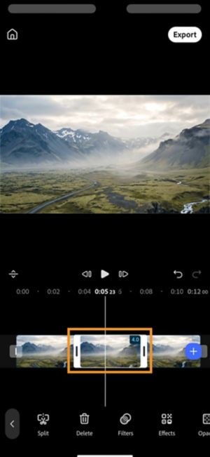 Timeline showing a new 4-second frozen clip inserted and highlighted between the two original clip segments.