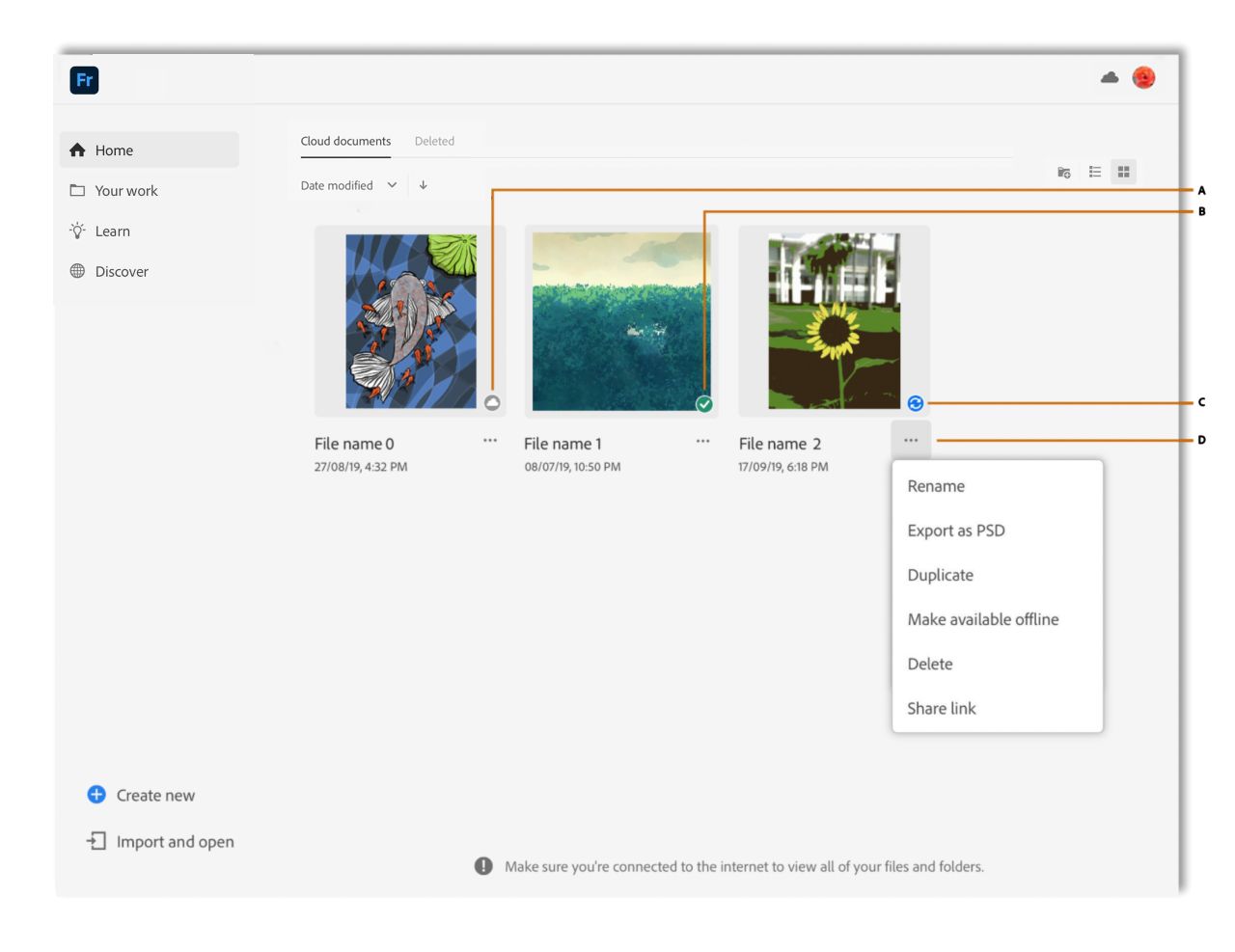 Dokumenty Adobe Fresco z różnymi ikonami wskazującymi status zakończonej synchronizacji, synchronizacji w toku i braku połączenia (offline). Na ekranie wyświetlane jest także menu podręczne z opcjami do zarządzania dokumentami, takimi jak Udostępnij w trybie offline 