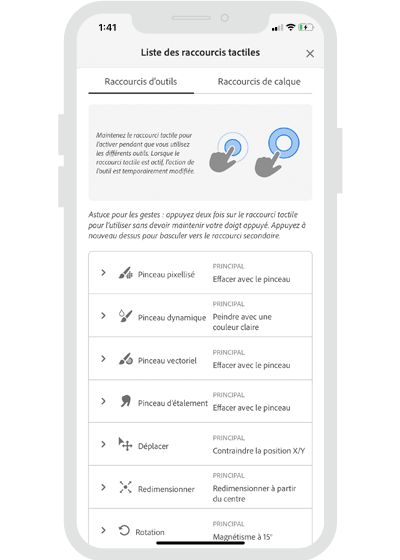 Raccourcis tactiles de Fresco sur iPhone