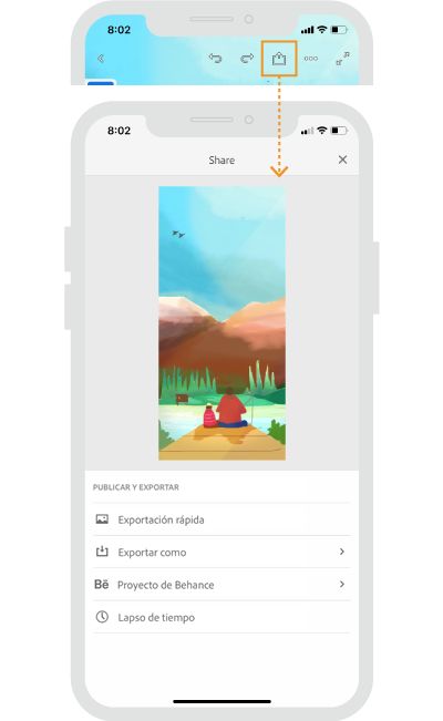 Compartir, publicar y exportar en Fresco para iPhone