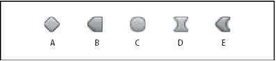 Ícones do quadro-chave no painel Linha de tempo no modo de barra de camadas: Linear; Linear de entrada, Retenção de saída; Bézier automático; Bézier contínuo ou Bézier; Linear de entrada, Bézier de saída 
