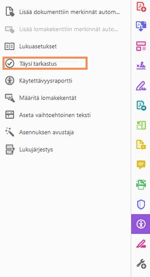 Helppokäyttöisyystyökalun Täydellinen tarkistus -toiminto
