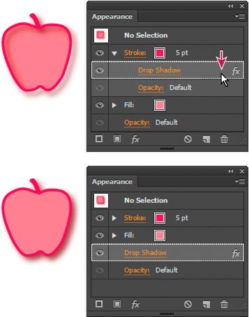 تأثير Drop Shadow مطبق على الحد (أعلى) بالمقارنة مع نفس التأثير منقولاً إلى التعبئة (أسفل)
