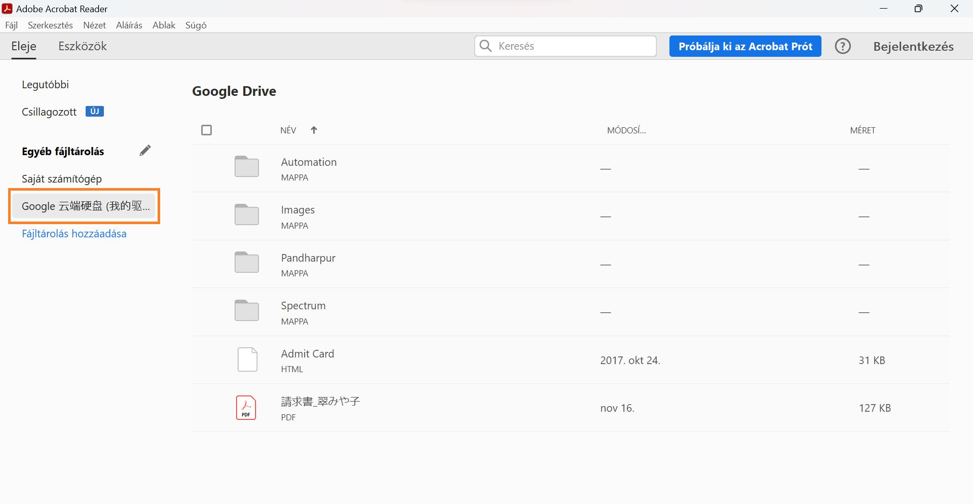 Az Ön Google Drive fájljai a Kezdőlap nézetben