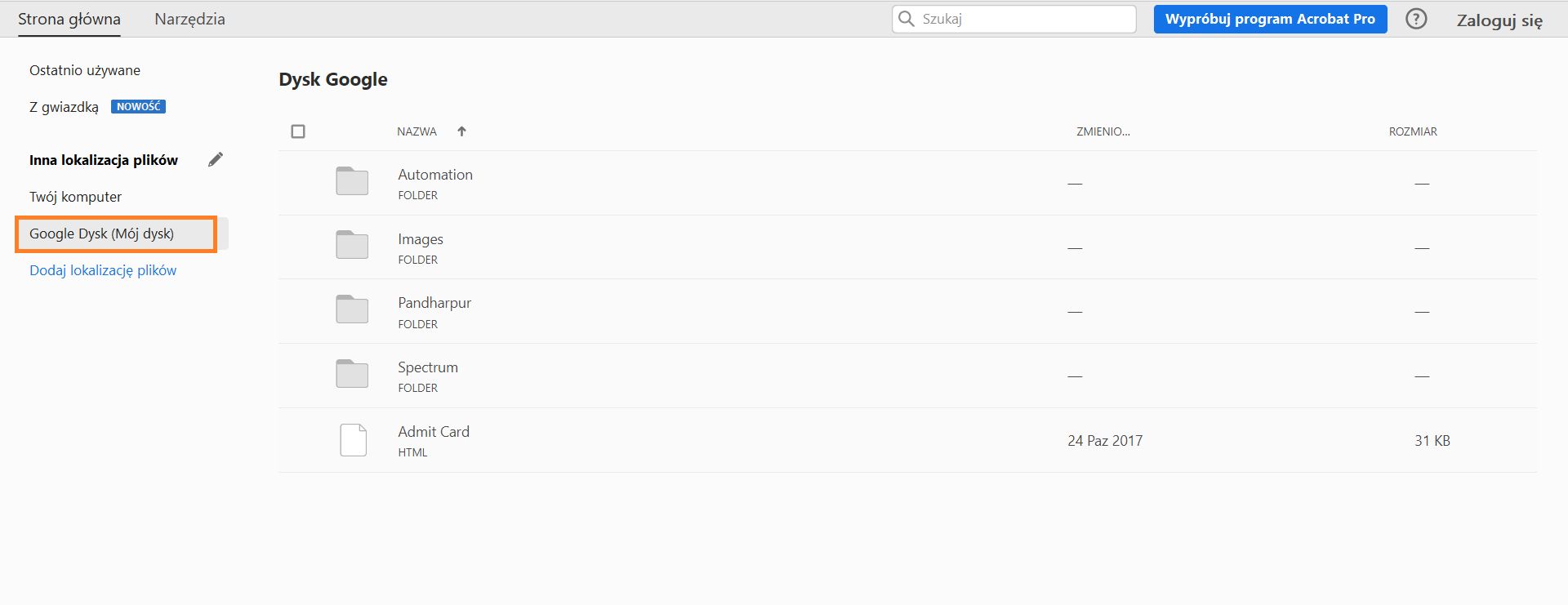 Pliki dysku Google w widoku strony głównej