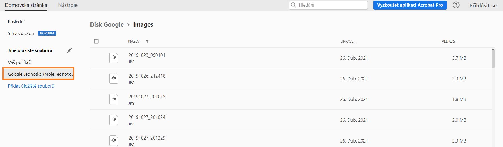 Soubory Google Drive v zobrazení Domovská stránka