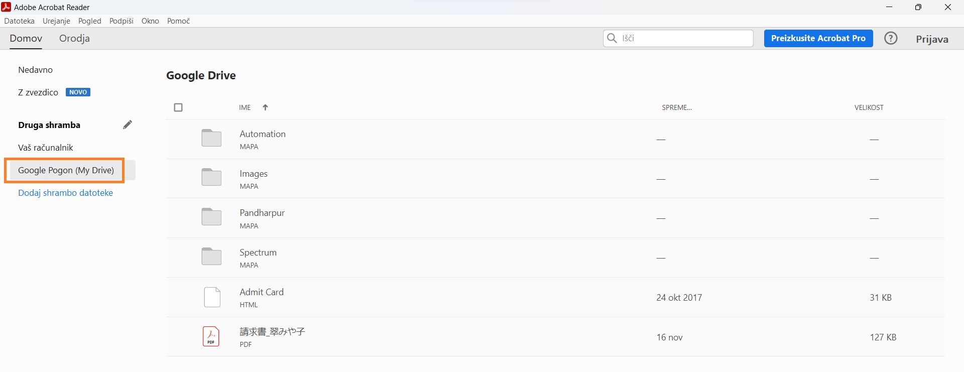 Datoteke storitve Google Drive v pogledu Domov