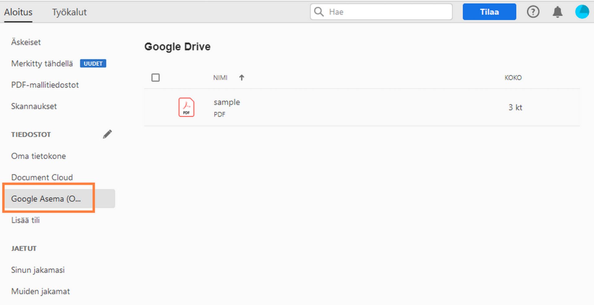 Google Drive -tiedostosi Aloitus-näkymässä