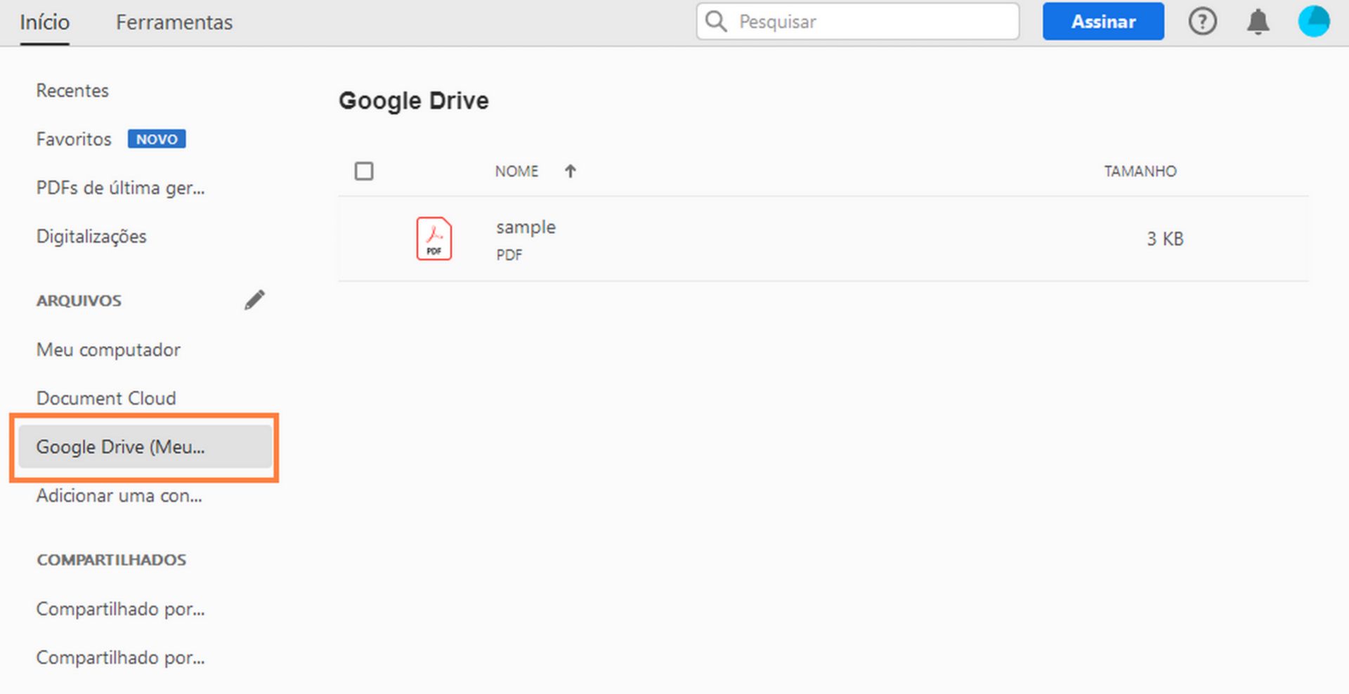 Seus arquivos do Google Drive na exibição Início