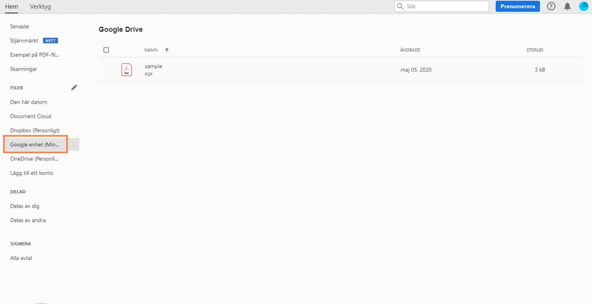 Dina Google Drive-filer i hemvyn