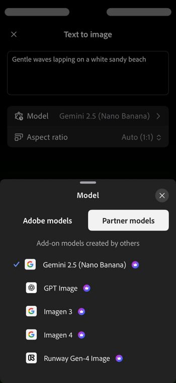 Text till bild i Firefly visar modellmenyn med avsnittet Partnermodeller öppet och Gemini 2.5 (Nano Banana) valt.