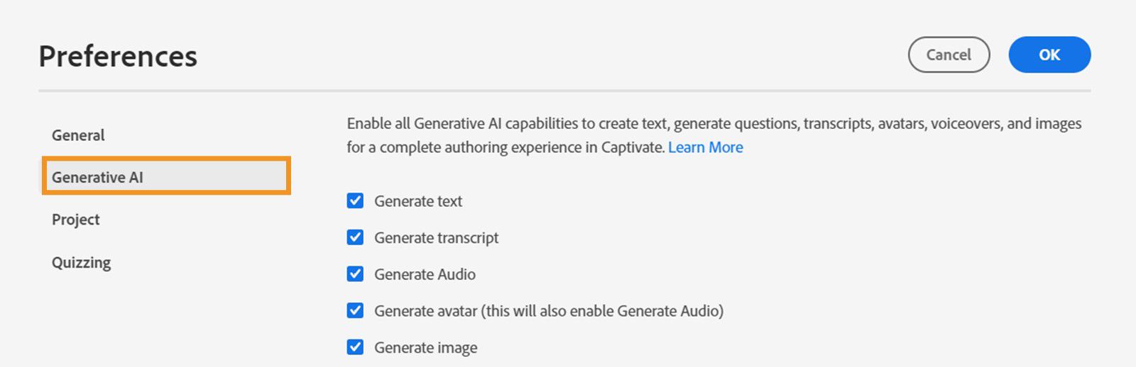 Generative AI settings in preferences