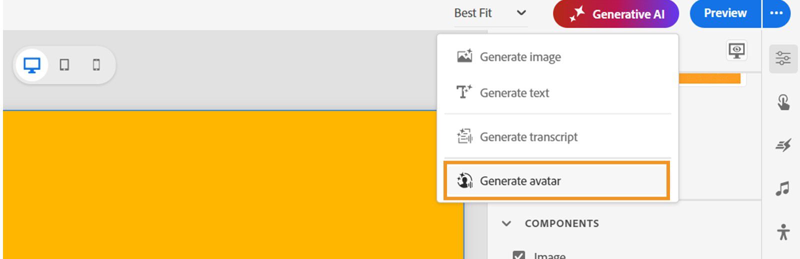 Generative AI dropdown menu expanded showing the Generate avatar option.