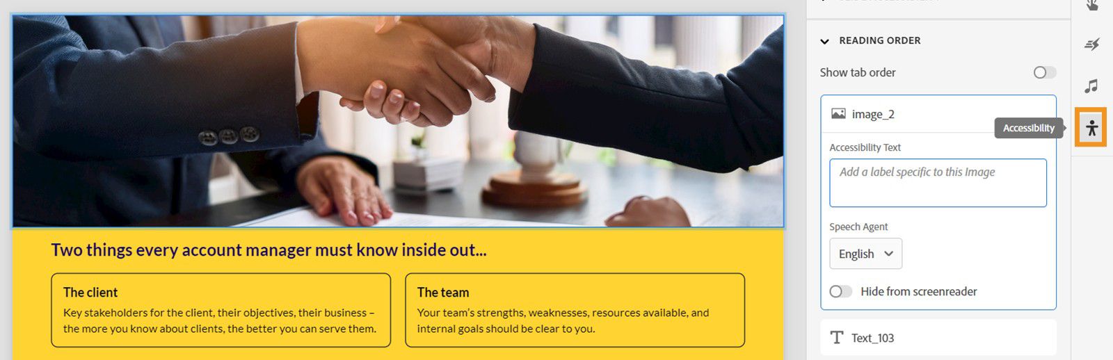 This image shows how to add alt text to generated images from the Reading order settings