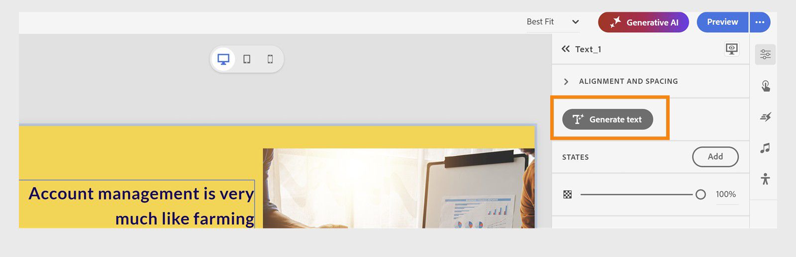 Usa la función generar texto para crear texto RTL