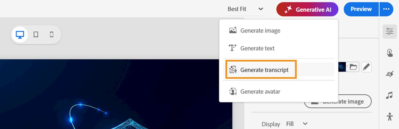 Generative AI dropdown menu showing Generate transcript option highlighted in the interface.