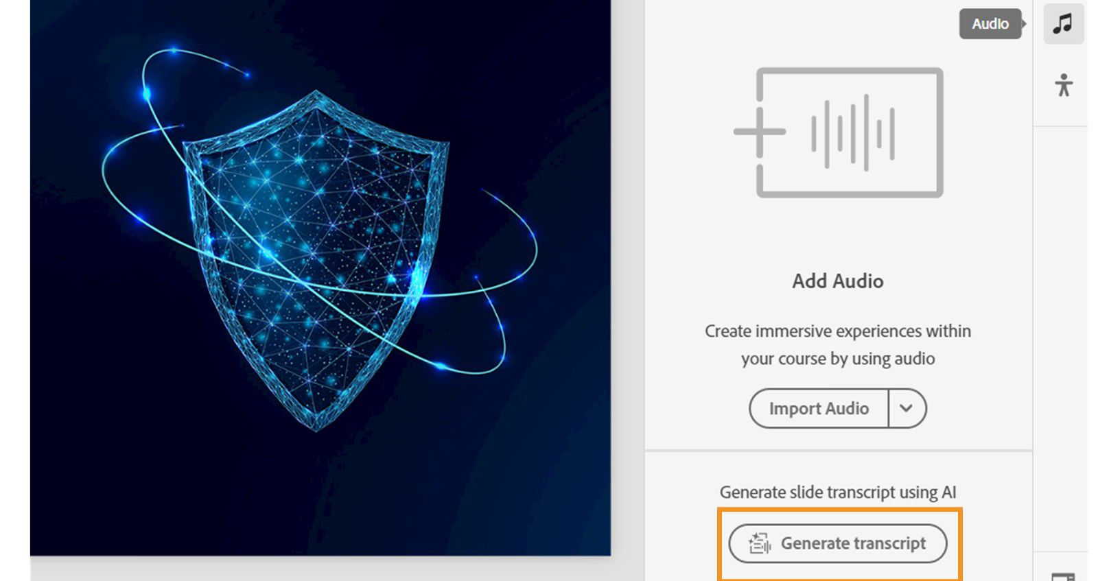 Select Generate transcript from Audio settings for the slide