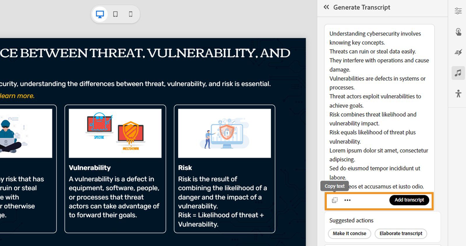 Dialog box showing transcript text with Add transcript button and options for using the generated content.