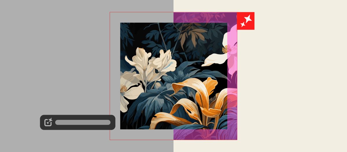 Artwork with the left half showing empty bleed area, the right half filled with vector graphics generated using Print Bleed, and the Print Bleed icon in the upper-right corner of the bleed boundary.